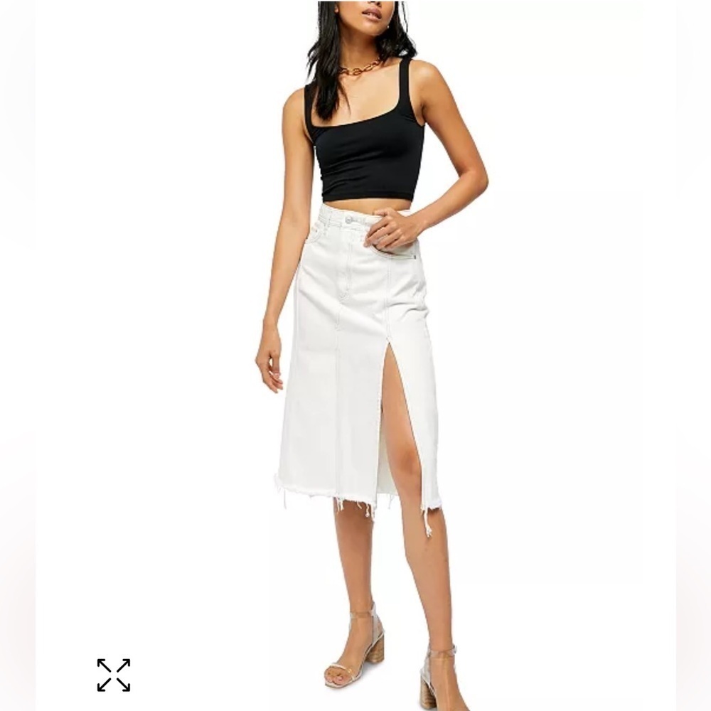 Free People We The Free Mambo Denim Midi Skirt Fringe hem 31 White wash New